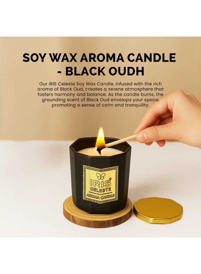 IRIS CELESTE Black Oud Soy Wax Jar Candle with lid - 113grams, Scented candle 4oz | 25 Hours Burn-time | Warm Woody Fragrance | Perfect for Festivities & Gifting, Ceremonies, Meditation & Room Perfuming - Image 1